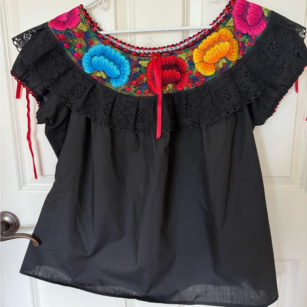 Mexican Embroidered Black Women's Top